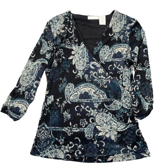 Vintage Worthington Top Womens Large Mesh Babydoll Paisley Y2K Faux Wrap - Picture 14 of 15